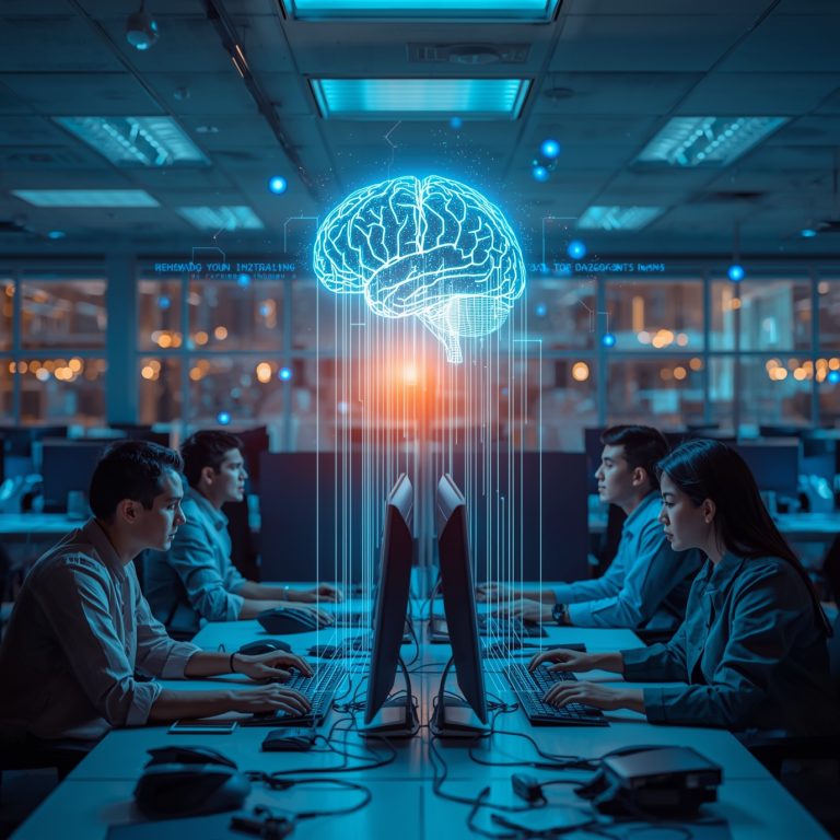 Group of professionals at computer desks in a lab, with a glowing blue holographic brain projection above them signaling AI research.