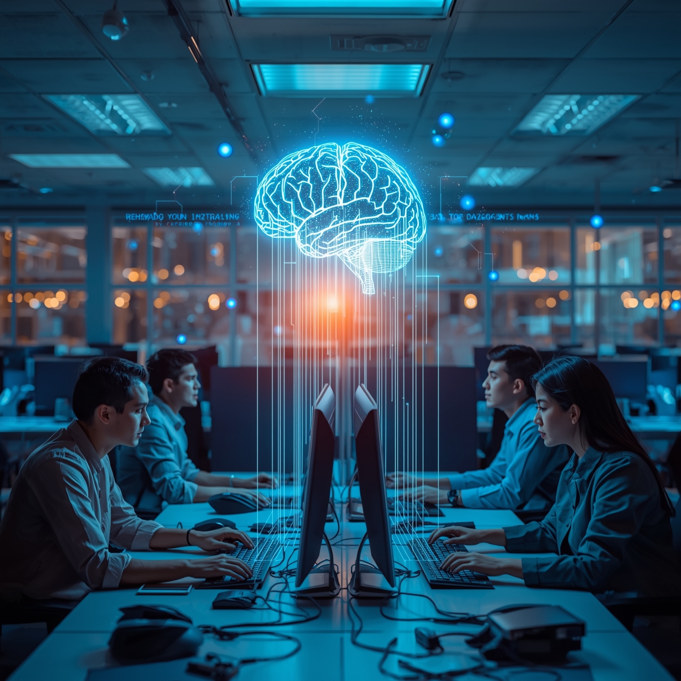 Group of professionals at computer desks in a lab, with a glowing blue holographic brain projection above them signaling AI research.