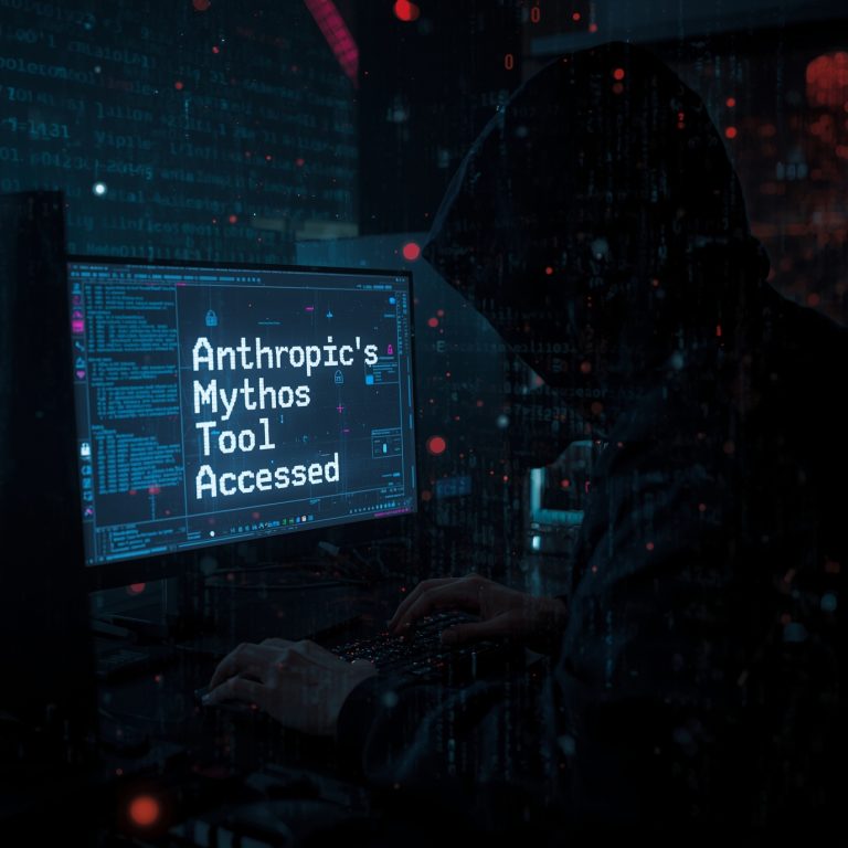 Hacker in a dark hood working at a computer displaying 'Anthropic's Mythos Tool Accessed' on the monitor.