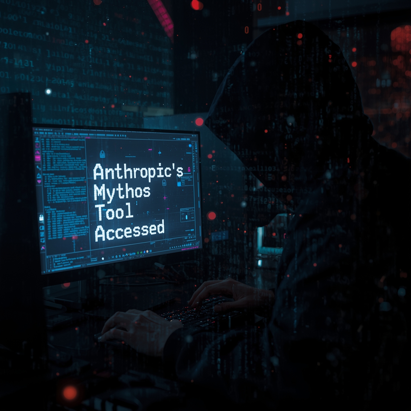 Hacker in a dark hood working at a computer displaying 'Anthropic's Mythos Tool Accessed' on the monitor.