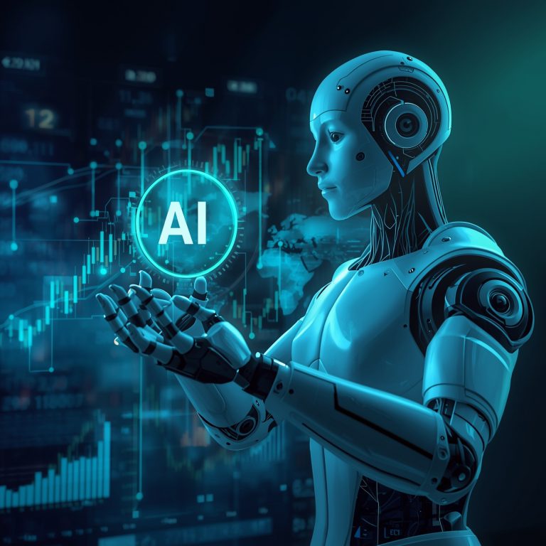 Humanoid robot with a glowing AI circle and digital charts, symbolizing artificial intelligence and data analysis.
