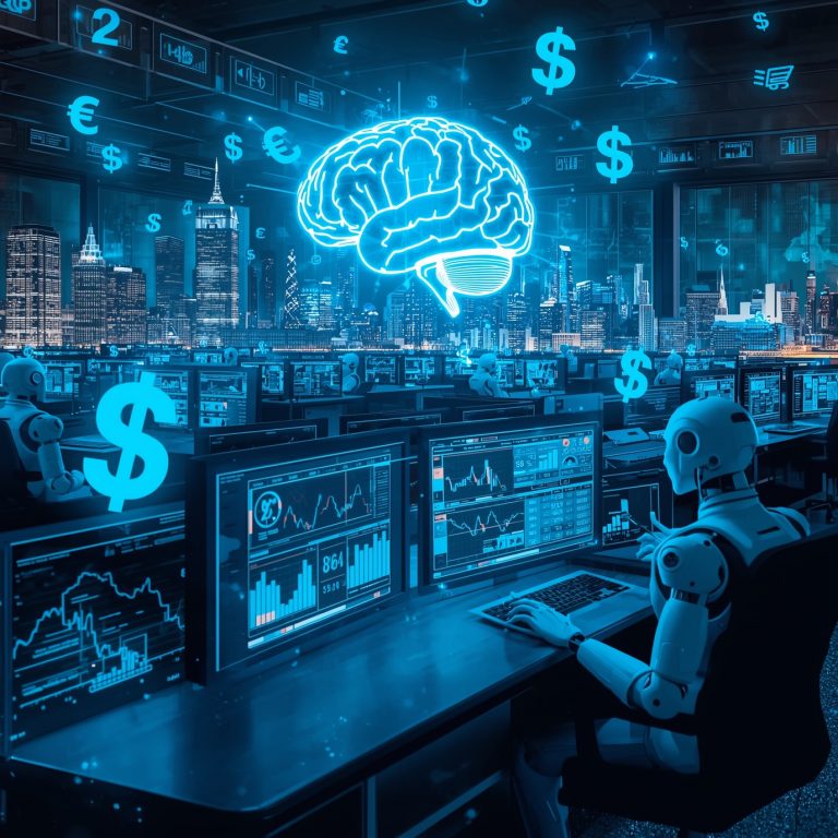 Futuristic trading floor with robots at monitors, a glowing brain hologram, and floating dollar signs.