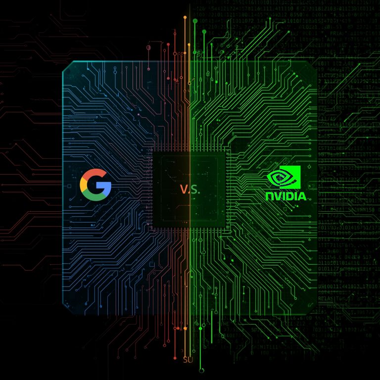 Split-screen circuit board with Google logo on the left and NVIDIA logo on the right, blue vs green, symbolizing tech competition.