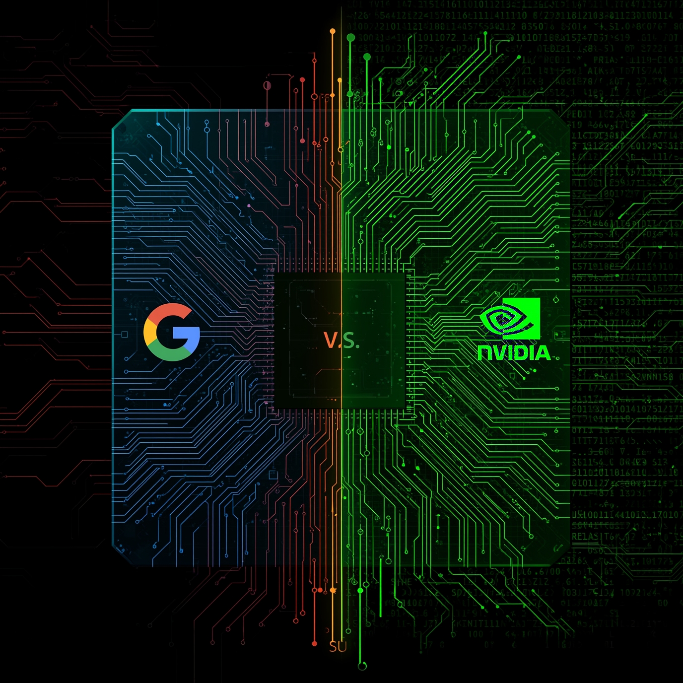 Split-screen circuit board with Google logo on the left and NVIDIA logo on the right, blue vs green, symbolizing tech competition.