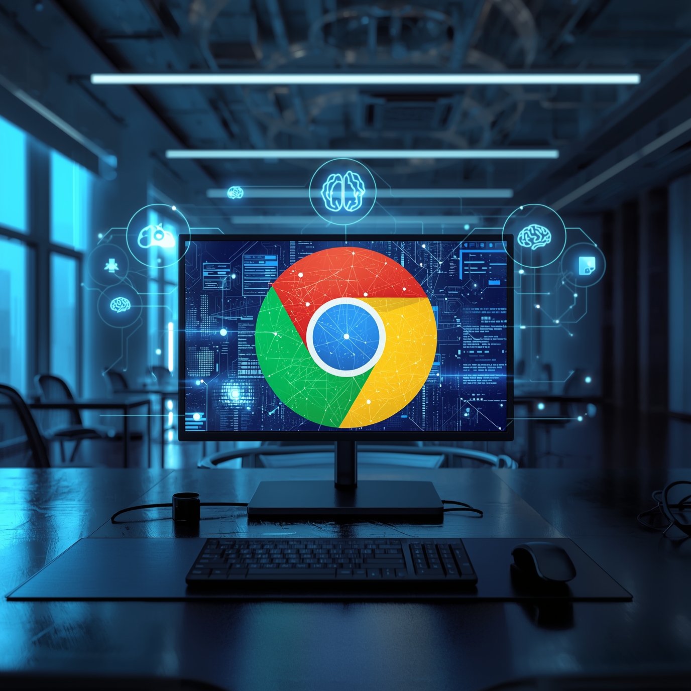 Computer monitor on a dark office desk displaying a large Google Chrome logo with blue neural-network icons around it, conveying AI-powered browsing.