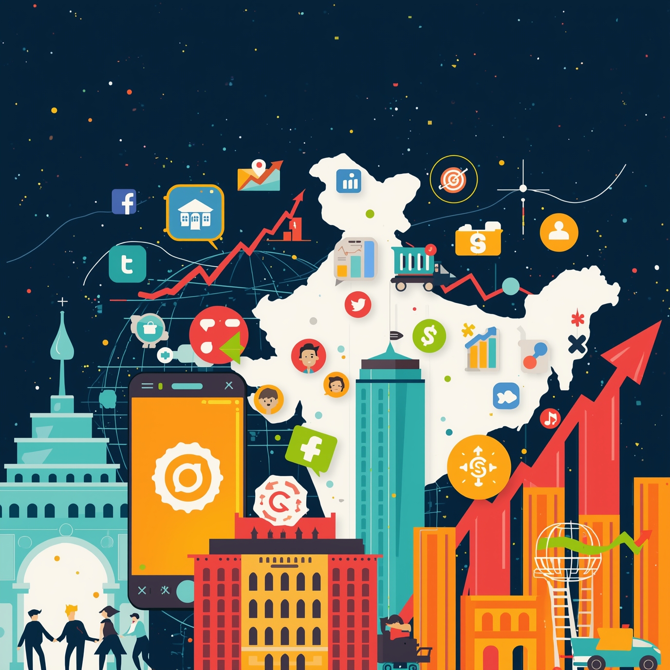 Infographic-style map of India with social icons, graphs, and rising arrows representing digital growth and connectivity_tree',' but concise: 'India map with social icons, charts, and upward trend symbols indicating digital growth.