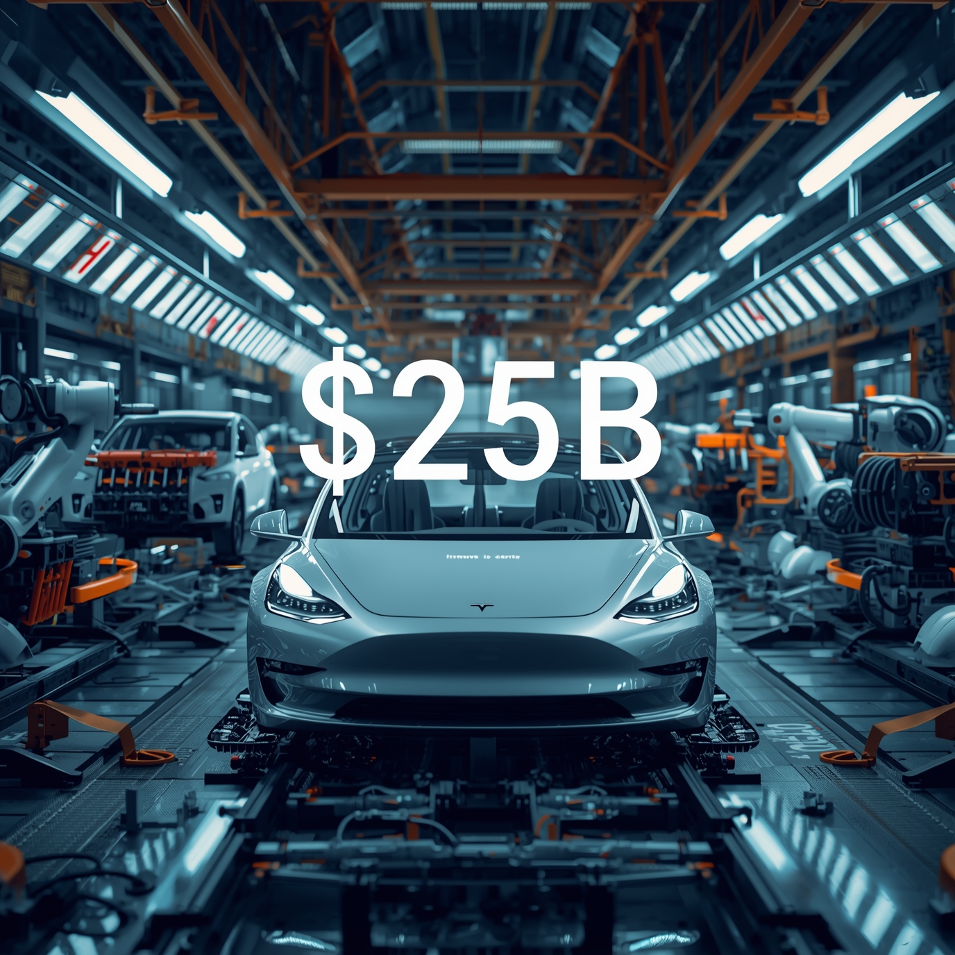 Electric car on an automated factory assembly line with a '$25B' overlay indicating a valuation or funding.