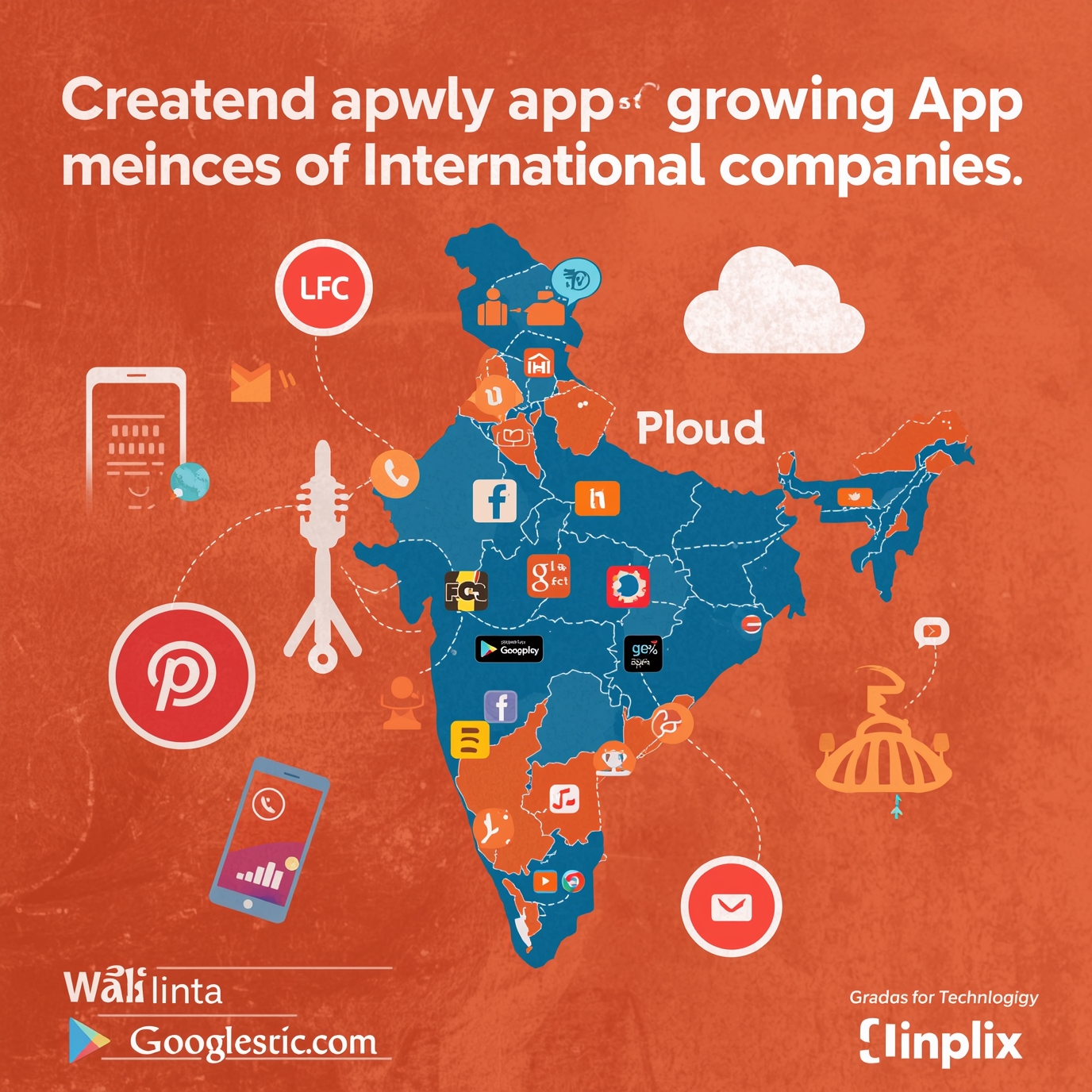 Map of India filled with app icons and dotted connections, showing mobile app connectivity across the country on an orange background.