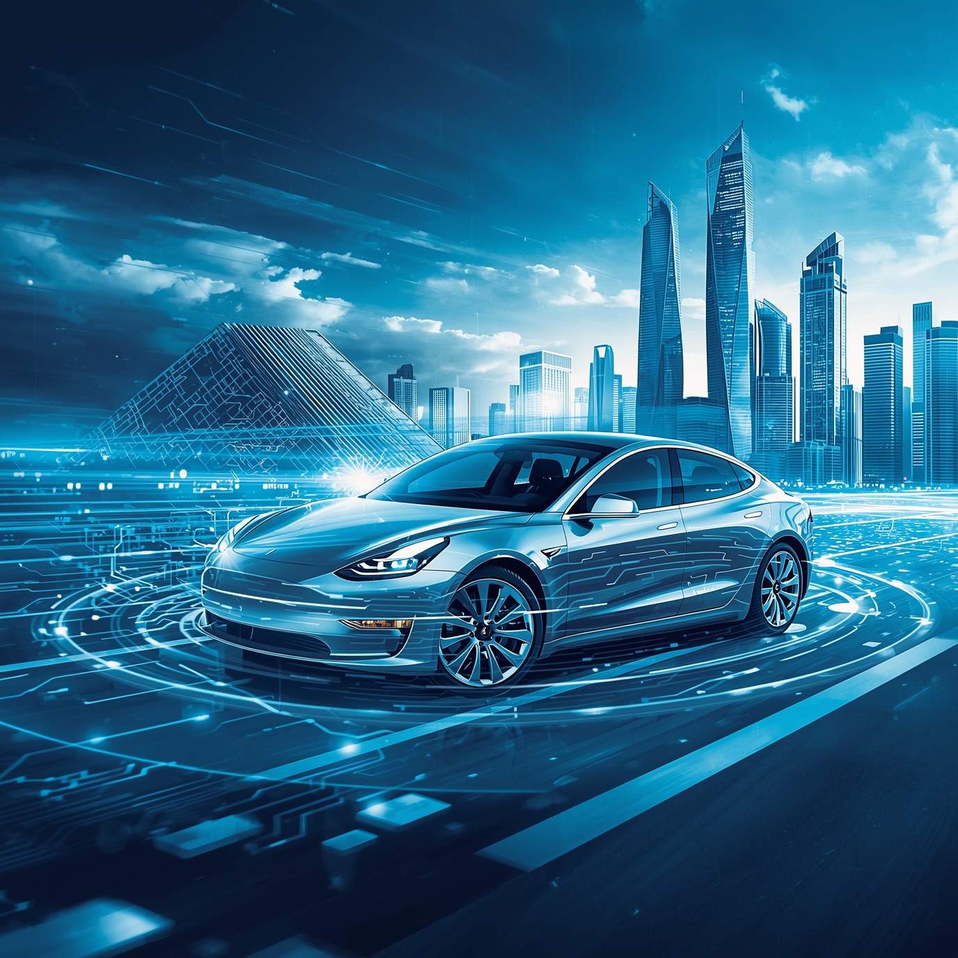 Futuristic blue city skyline with a sleek electric car in the foreground and glowing circuit patterns around the road.