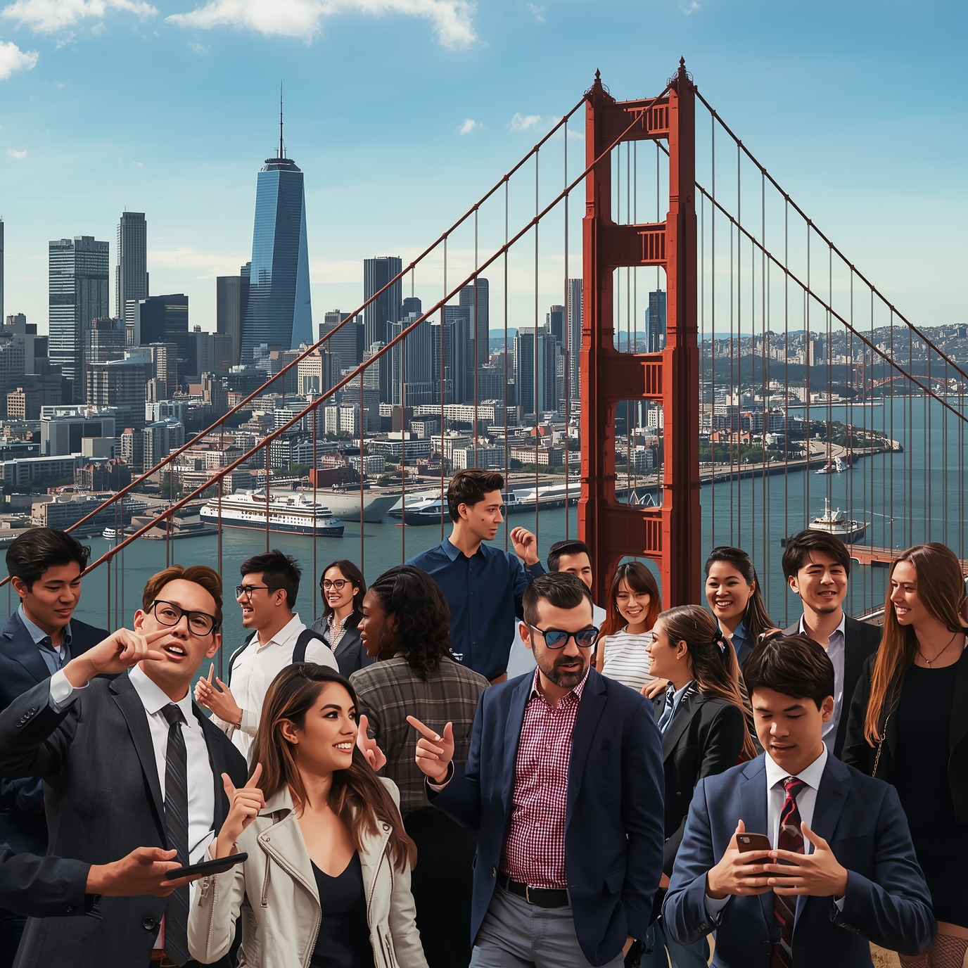 Diverse group of professionals posing on the Golden Gate Bridge with downtown San Francisco skyline in the background.