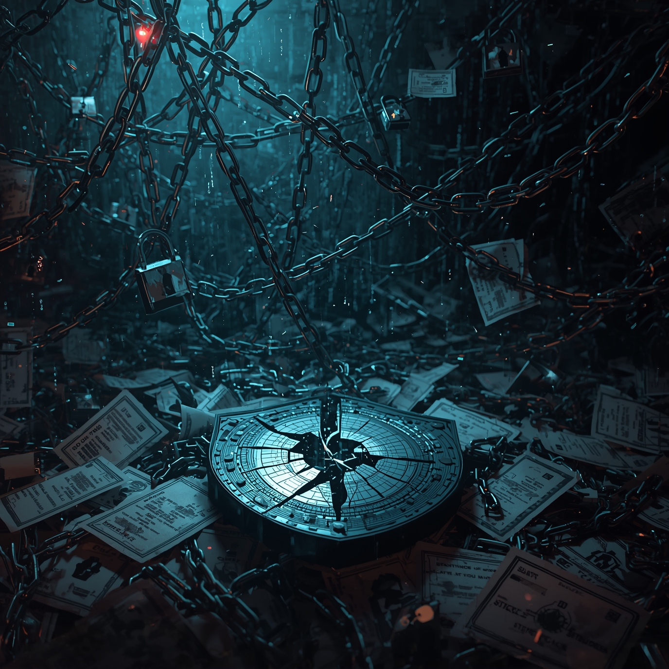 Glowing circular compass on the floor, entangled in chains with papers and money scattered around in a dark, moody scene.