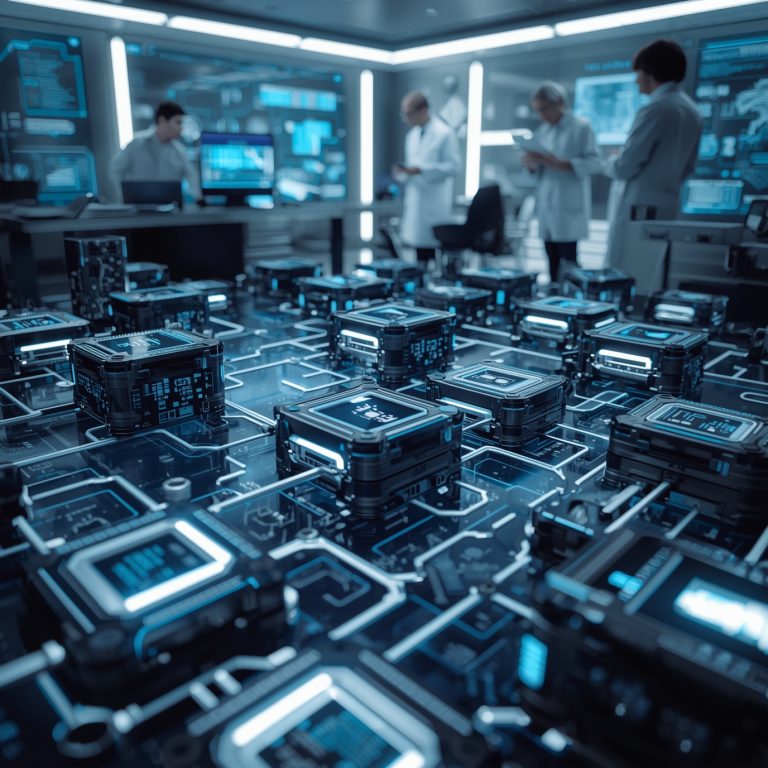 Futuristic lab scene with glowing blue circuitry modules on a glass surface and scientists in white coats in the blurred background.
