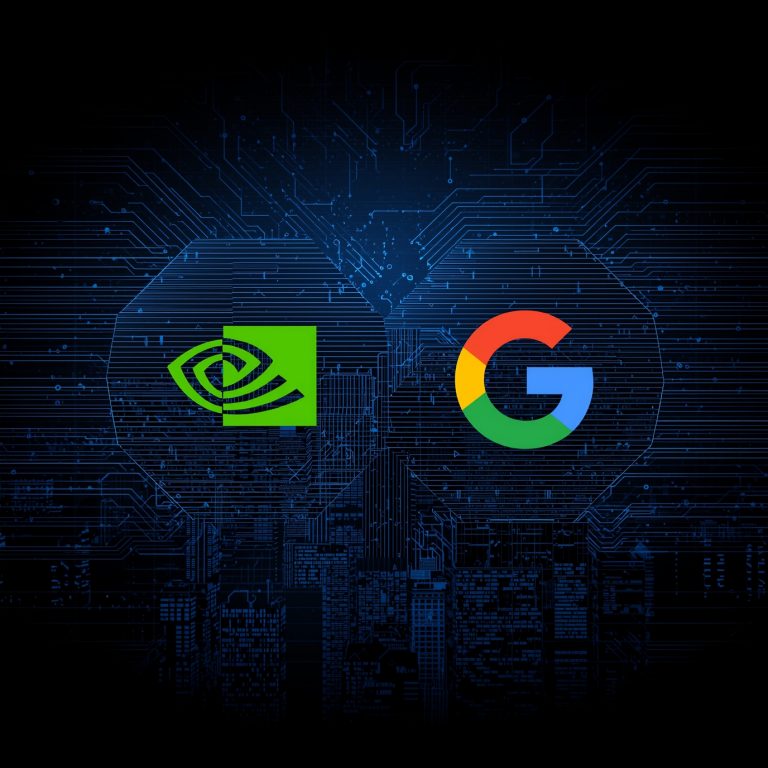 NVIDIA and Google logos side by side on a blue circuit-board background.