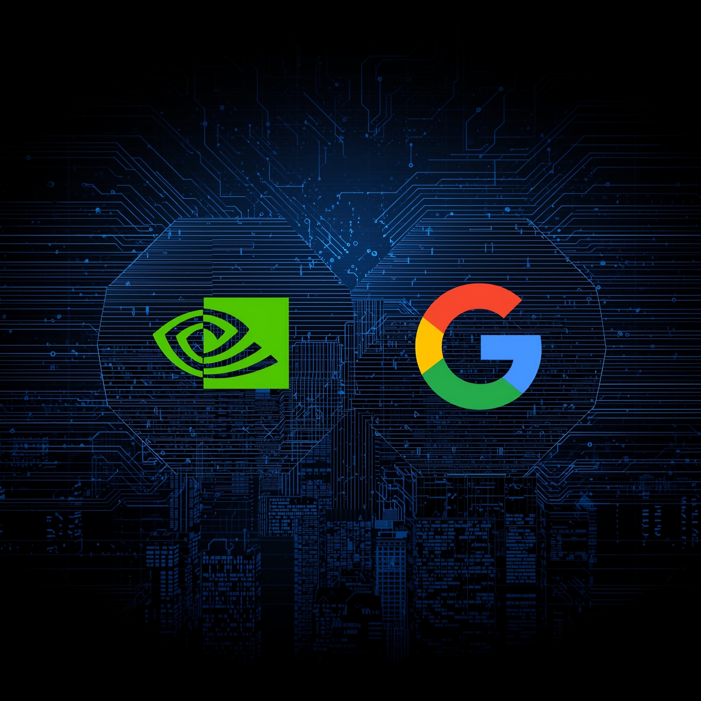 NVIDIA and Google logos side by side on a blue circuit-board background.