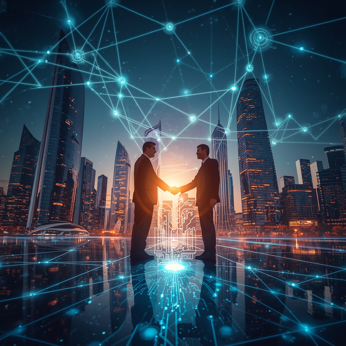 Two businessmen shake hands in a futuristic cityscape with glowing blue network lines overhead at dusk.