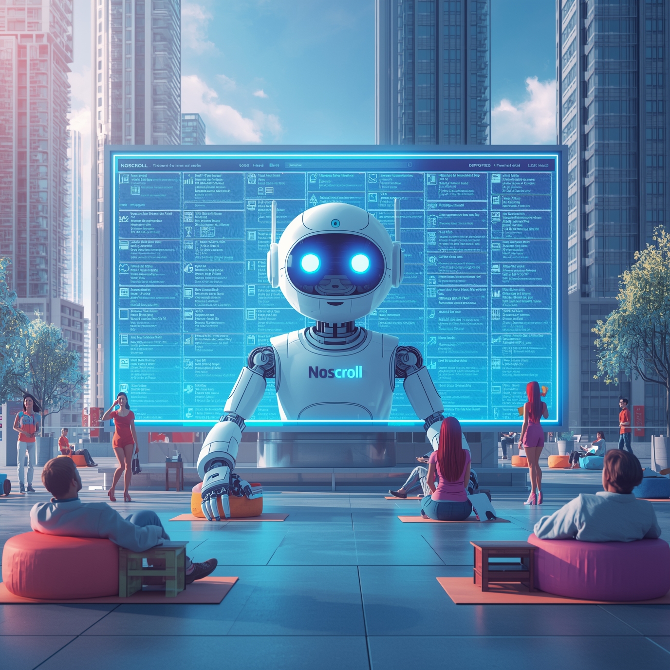 Futuristic robot instructor named Noscroll stands before a large blue digital board in a city plaza, with people on yoga mats around it.