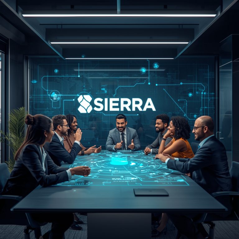 Business team seated around a holographic table in a tech conference room, Sierra logo on a digital screen behind them