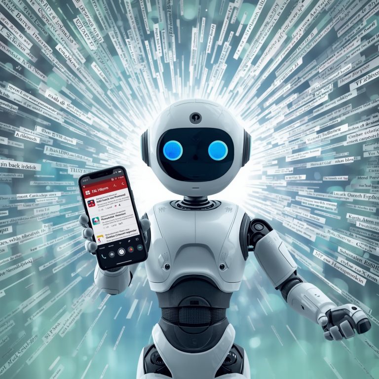 Friendly white robot holding a smartphone displaying a social app, with streams of text ribbons surrounding it, symbolizing AI and data.