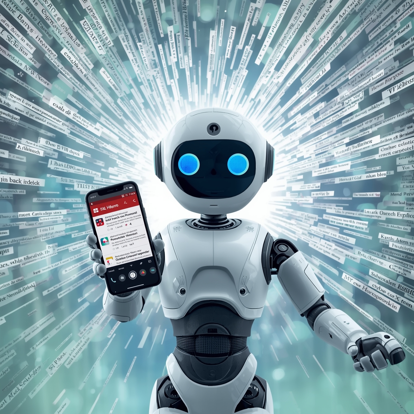 Friendly white robot holding a smartphone displaying a social app, with streams of text ribbons surrounding it, symbolizing AI and data.