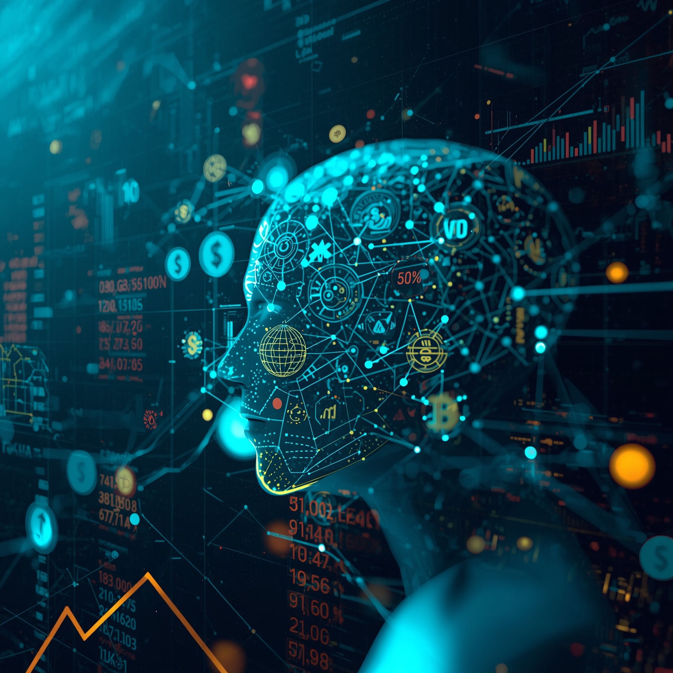 Futuristic blue digital profile of a head made of connected nodes and circuits, symbolizing AI and data networks.