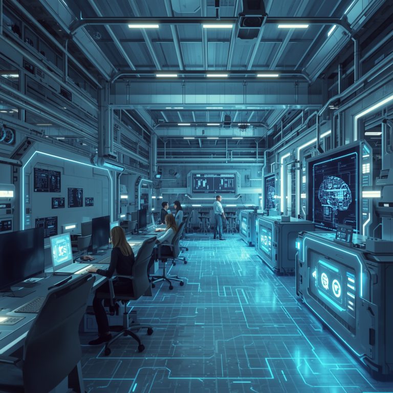 Futuristic control room with researchers at computer workstations and large holographic screens in a blue-illuminated lab