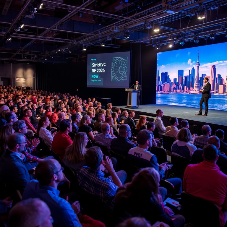 Audience seated in a large conference hall watching a speaker at a podium on stage, with a big screen showing a city skyline graphic behind them.
