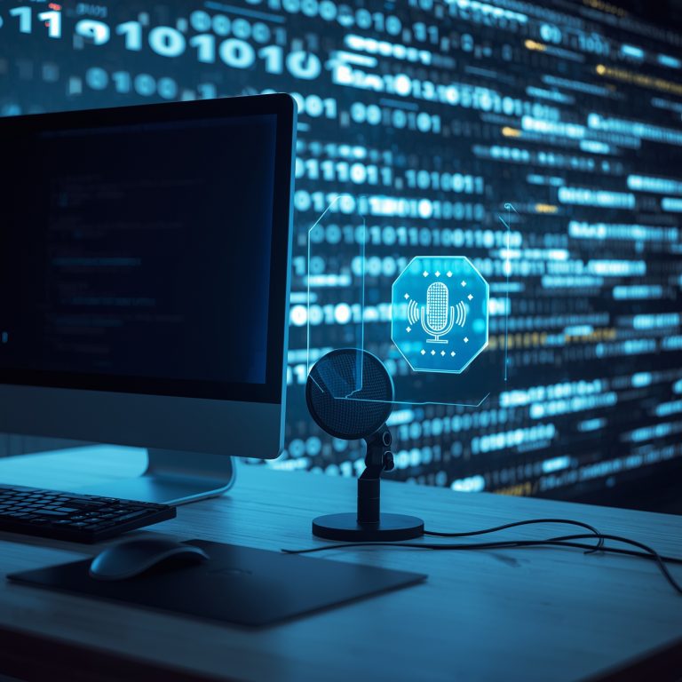 Desk setup with a computer, keyboard, mouse, and a microphone on a stand, plus a glowing blue holographic microphone icon over a binary-code background, suggesting podcasting or voice recording.