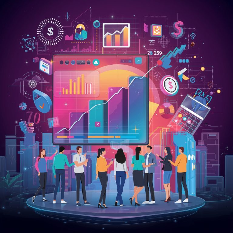Group of professionals gathered around a large digital dashboard showing charts and graphs in a futuristic city scene for a data presentation