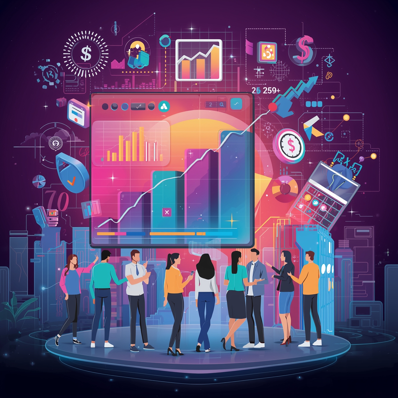 Group of professionals gathered around a large digital dashboard showing charts and graphs in a futuristic city scene for a data presentation