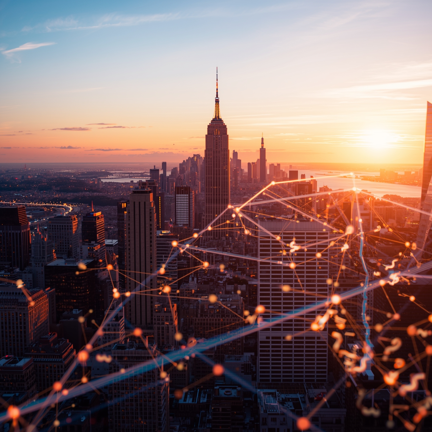 City skyline at sunset with glowing orange data lines and nodes overlaid across skyscrapers.
