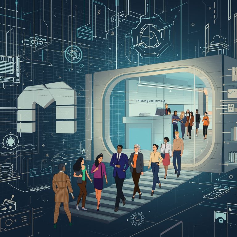 Group of diverse professionals entering a futuristic lab marked 'Thinking Machines Lab' through a rounded glass doorway.