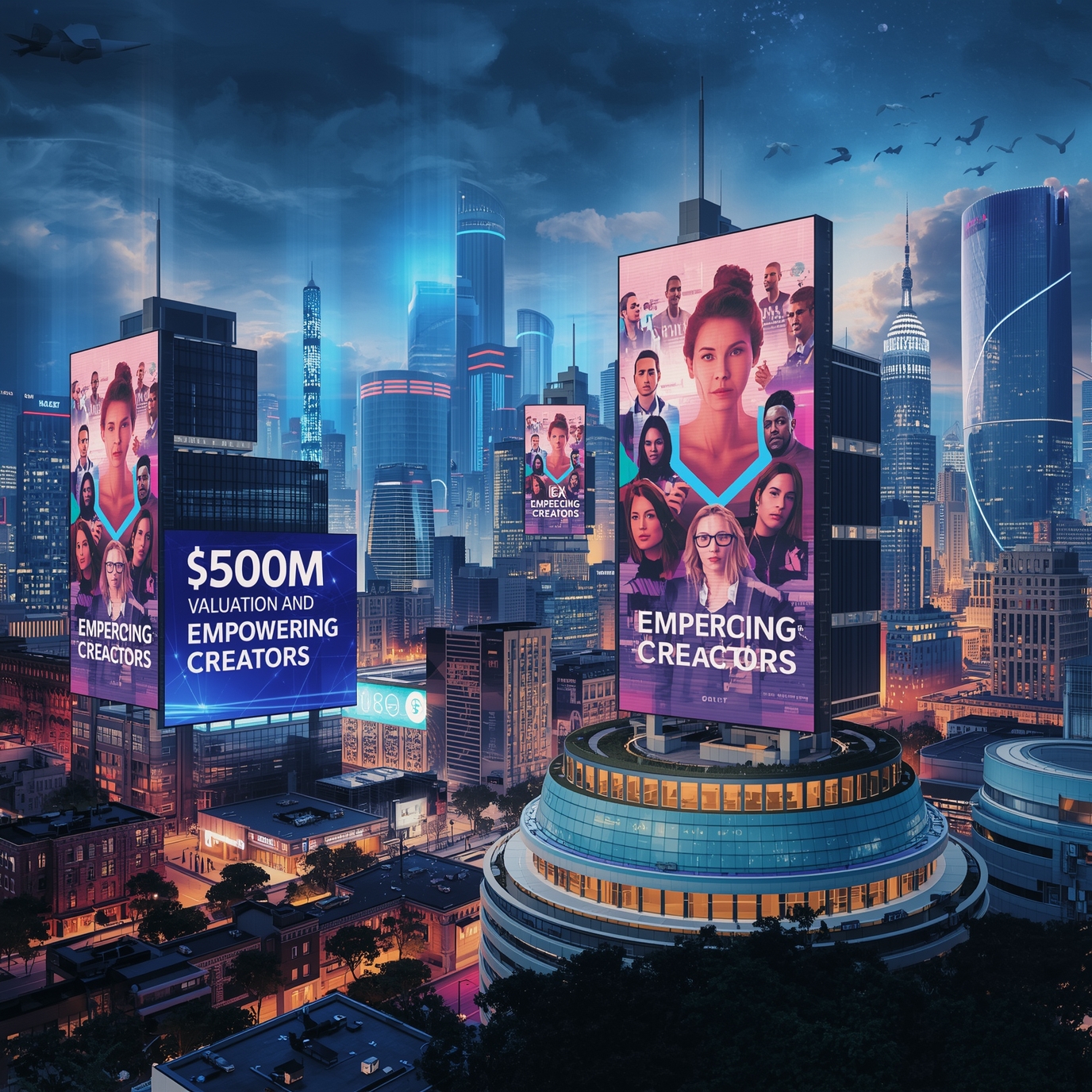 Futuristic city skyline with large digital billboards announcing a $500M valuation and empowering creators.