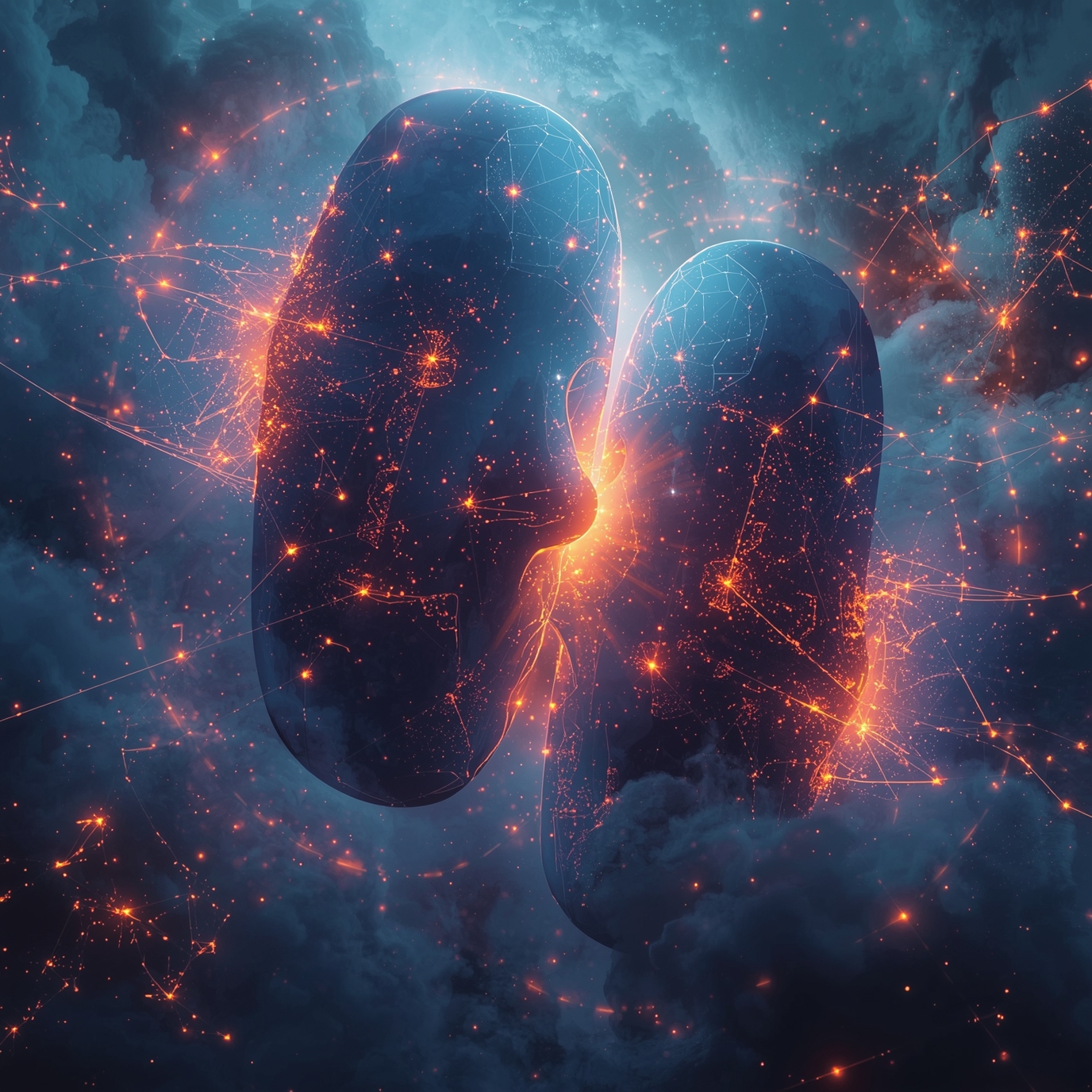 Abstract artwork of two blue lungs connected by a glowing orange network of light particles in a smoky, cosmic background