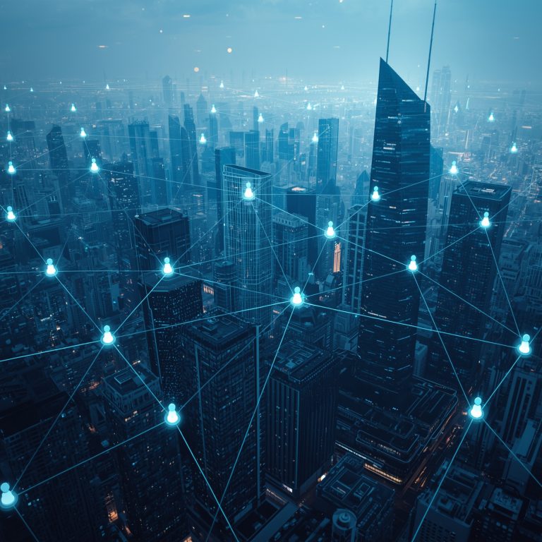 Blue-tinted city skyline overlaid with a glowing network of connected nodes and lines, illustrating connectivity in a smart city.