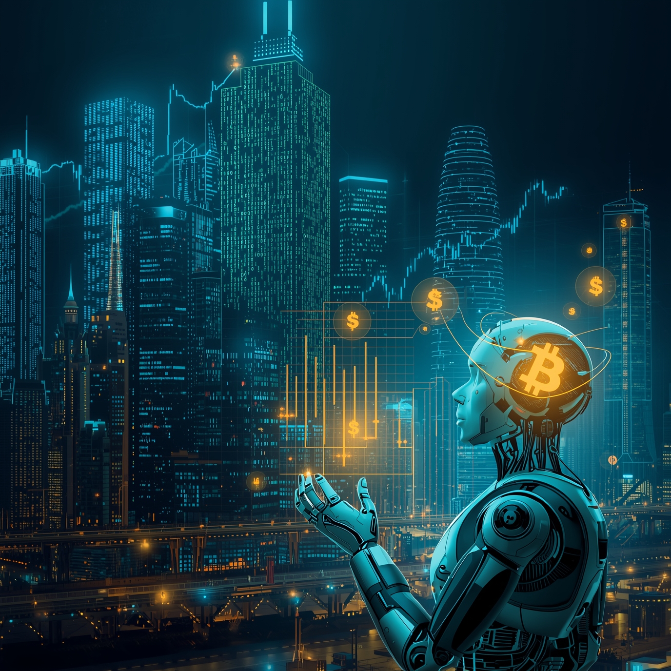 Robotic figure overlooking a neon city with Bitcoin symbols and financial data holograms, representing crypto AI finance.