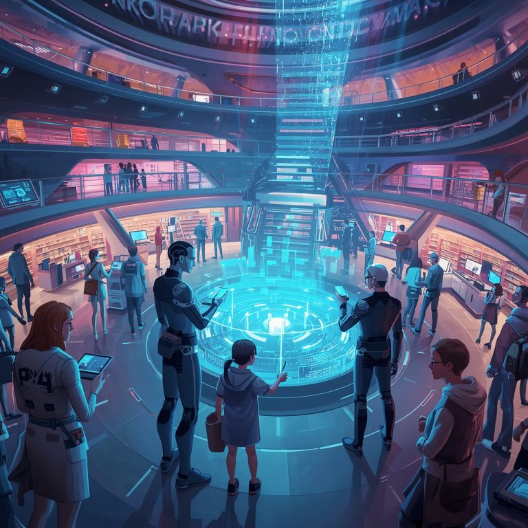 Futuristic atrium with a glowing circular holographic control hub; people in sci-fi outfits study screens.