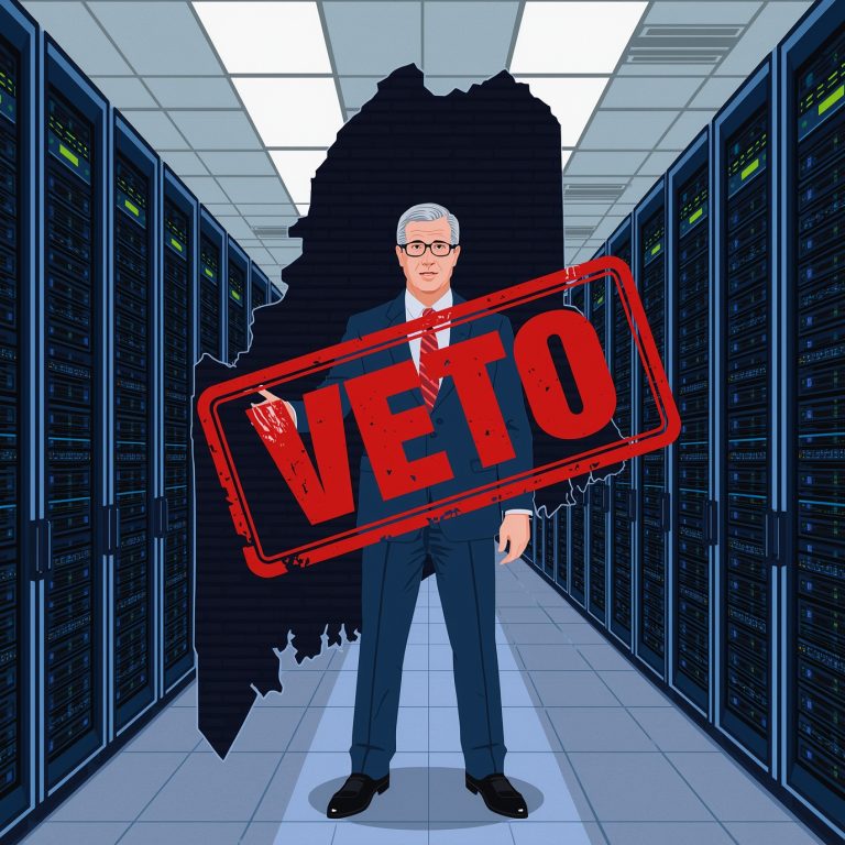 A man in a suit stands in a data center with rows of server racks; a large red 'VETO' stamp overlays him, with the silhouette of Africa behind.
