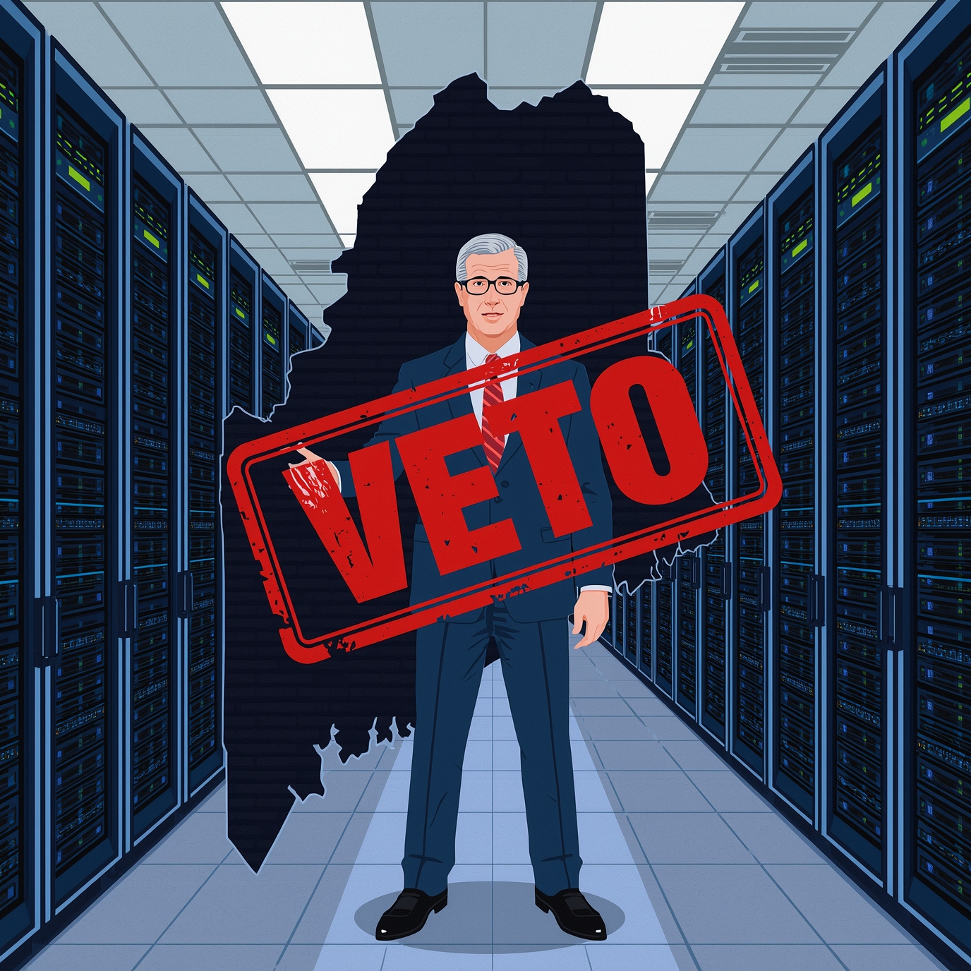 A man in a suit stands in a data center with rows of server racks; a large red 'VETO' stamp overlays him, with the silhouette of Africa behind.