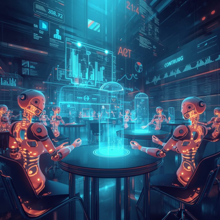 Futuristic lab with orange-lit robots around glass-topped tables and holographic displays overhead.