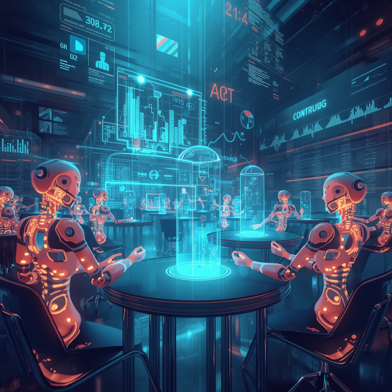 Futuristic lab with orange-lit robots around glass-topped tables and holographic displays overhead.