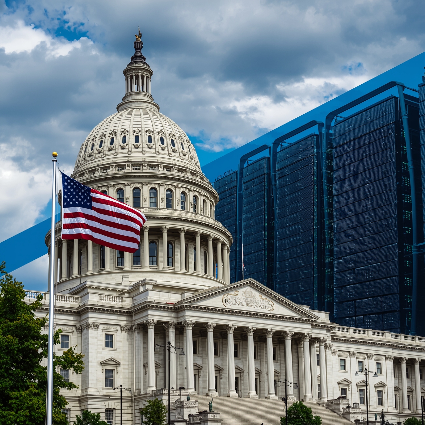 US Capitol dome with fluttering American flag and a modern glass building in the background under a cloudy sky