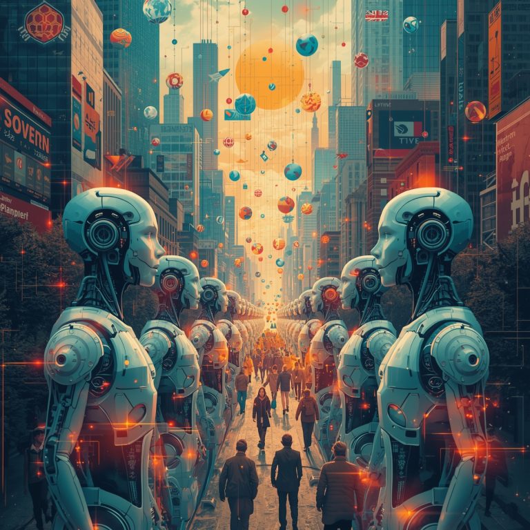 Row of futuristic humanoid robots standing along a city street as people walk below, with balloons and orbs floating above them in a sci‑fi cityscape