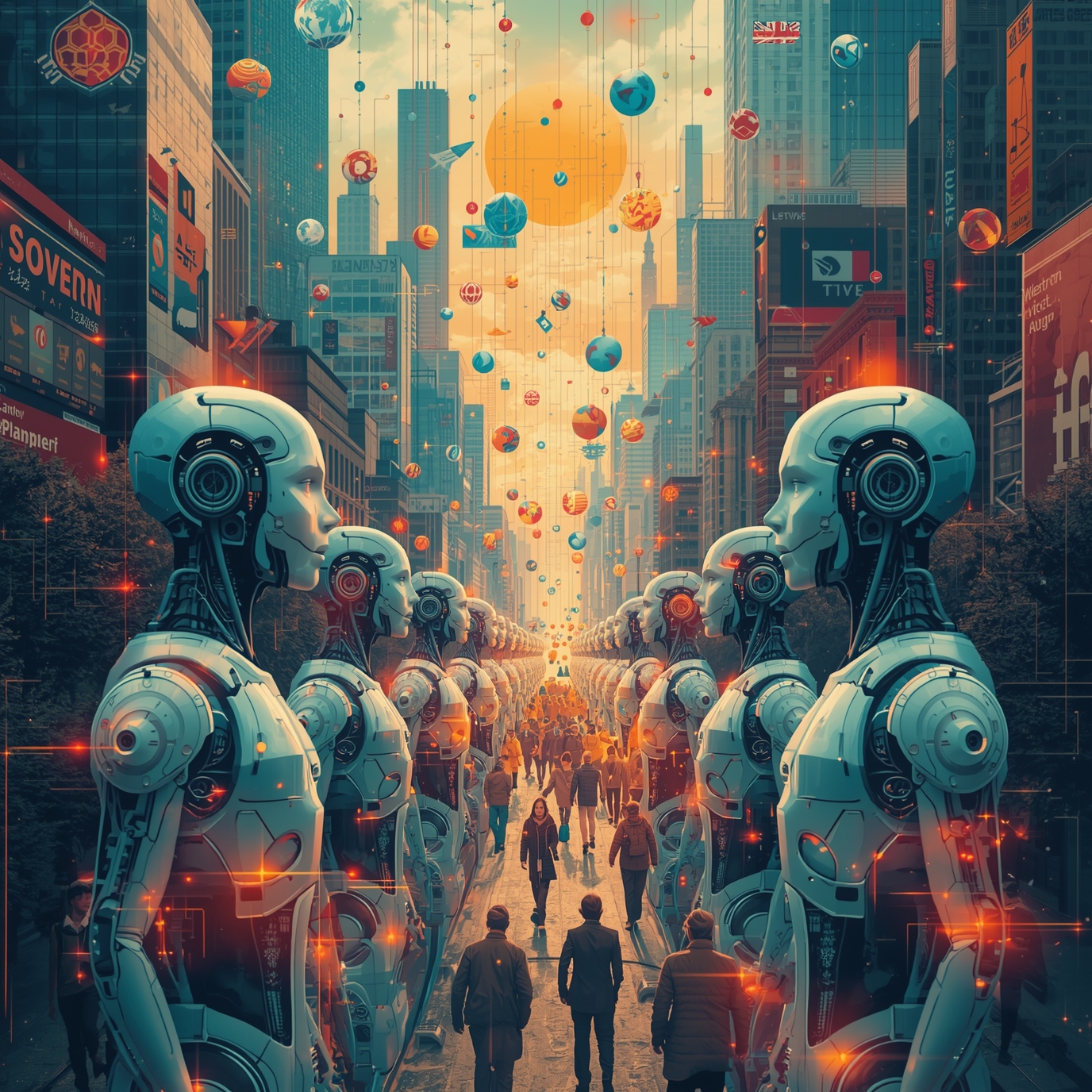 Row of futuristic humanoid robots standing along a city street as people walk below, with balloons and orbs floating above them in a sci‑fi cityscape