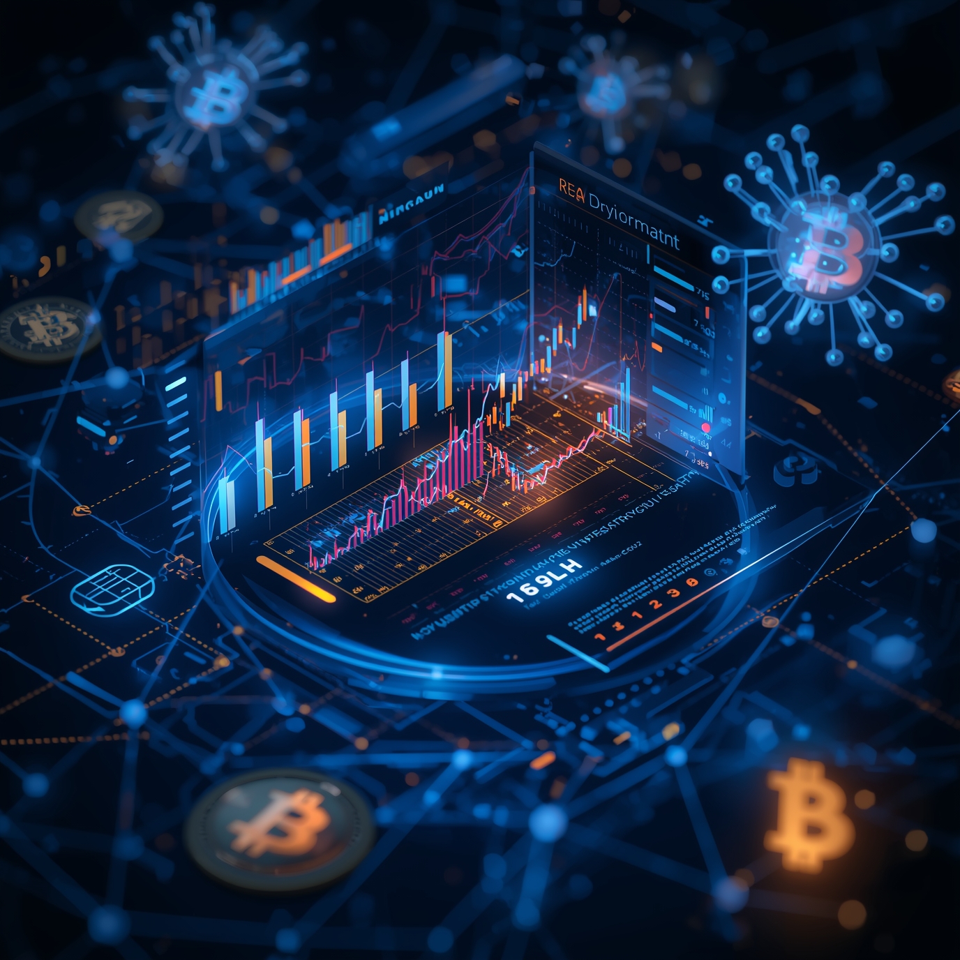 Futuristic cryptocurrency trading screen with glowing charts and Bitcoin icons surrounding a holographic data dashboard in blue tones.