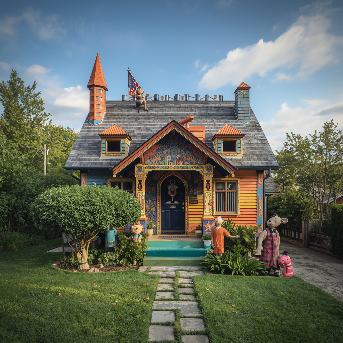 Colorful whimsical cottage with bright orange, blue, and yellow panels, detailed mural, and garden statues in a sunny yard.