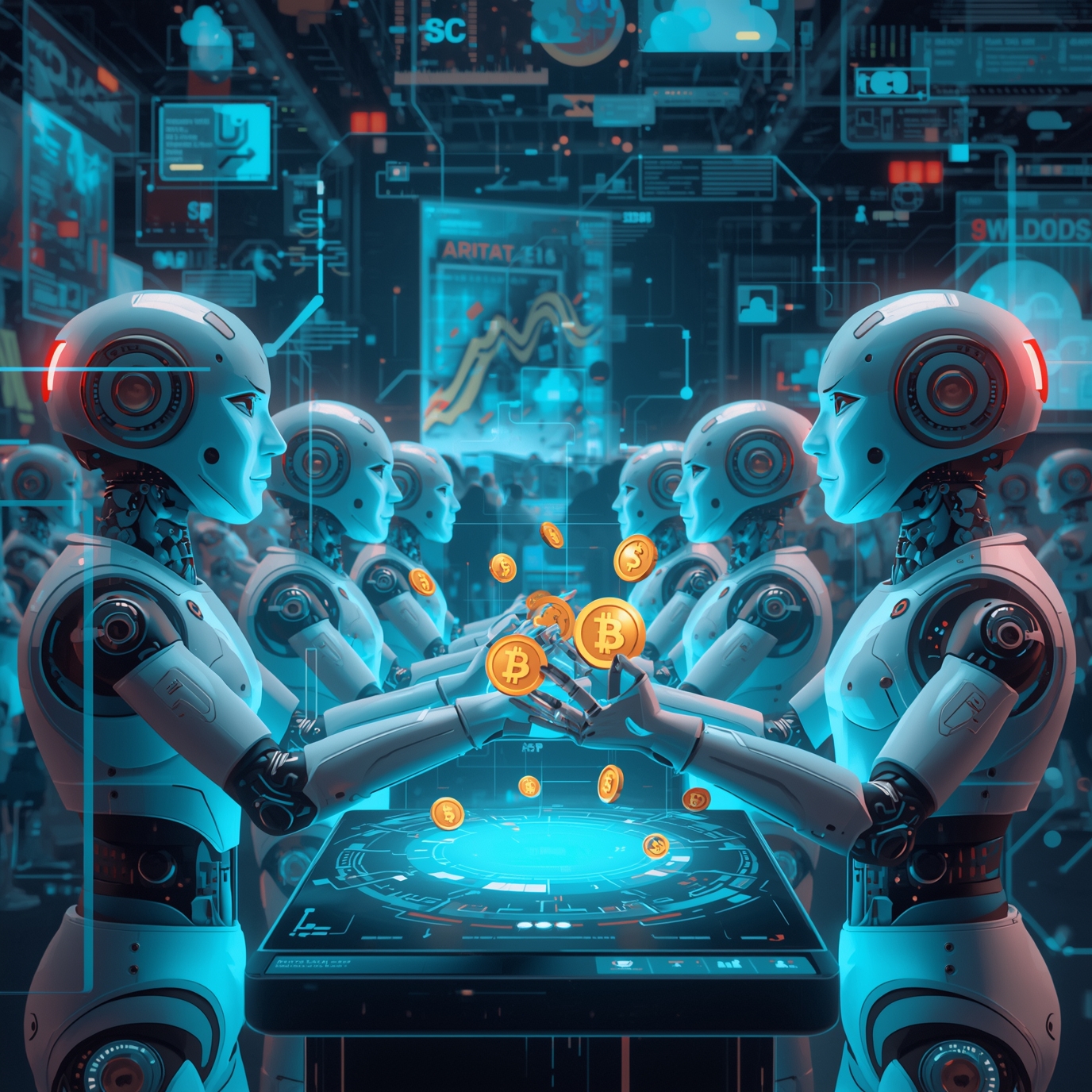 Futuristic blue robots exchanging glowing Bitcoin coins over a holographic console in a high-tech lab setting