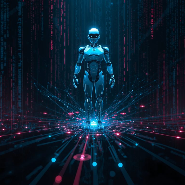 Humanoid robot in a glowing blue cybernetic scene, standing center-stage amid neon light trails and particles.
