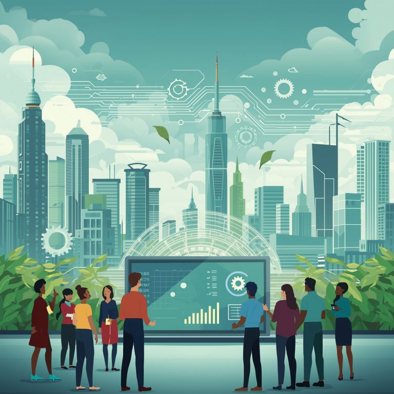 Group of people gathered around a large interactive screen displaying data against a futuristic city skyline with greenery in the foreground.