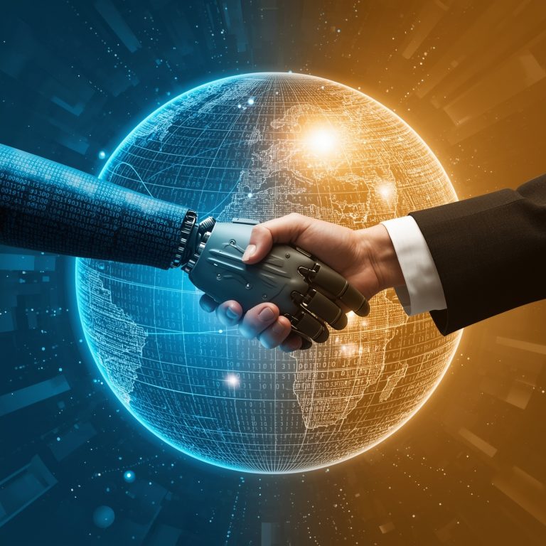 Handshake between a human and a robot arm in front of a glowing digital globe, symbolizing human–machine collaboration.