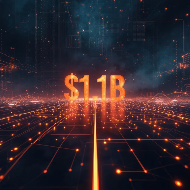 $1.1B shown in glowing orange text over a futuristic circuit background, highlighting a billion-dollar milestone.